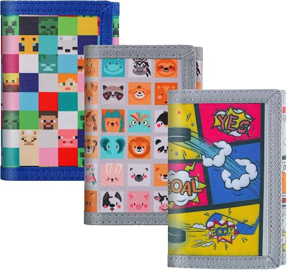 sundee RFID Blocking Wallet,3 Packs Kids Wallet Bulk,Mini Trifold Coin Purse Cartoon Wallet,Front Pocket Wallet with Zipper for Kids,Canvas Outdoor Sports Wallets with Magic Sticker - Gray Cube
