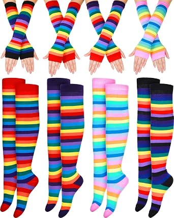 8 Pairs Women's Rainbow Thigh High Socks Fingerless Arm Warmer Set Long Striped High Socks Leg Warmers for Pride Fest