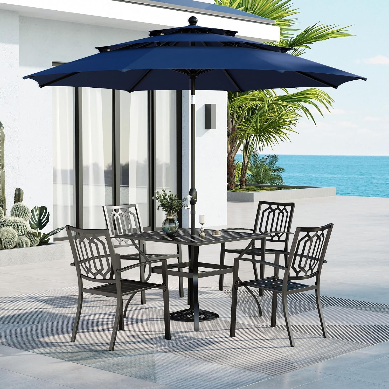 MFSTUDIO Patio Dining Set for 4, Patio Furniture Set with UmbrellaNavy Blue, 4 Stackable Chairs, 1 Metal Square Table and 1 10ft UmbrellaBase Not Included