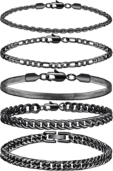RANKEEF 5PC Chain Bracelet for Men - Stainless Steel Figaro Rope Cuban Link Set 7.5/8.3/9 Inches Mens Silver Bracelet- Gifts for Dad, Husband, Boyfriend