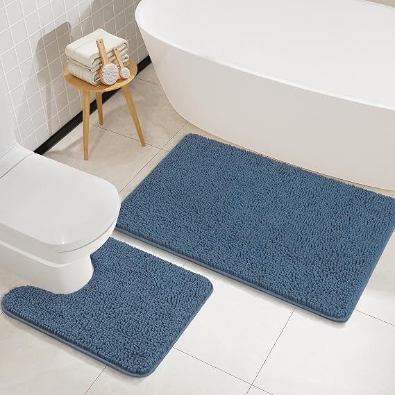 LOCHAS Bathroom Rugs Sets 2 Piece, 20''x20'' & 34''x21'', Denim Blue