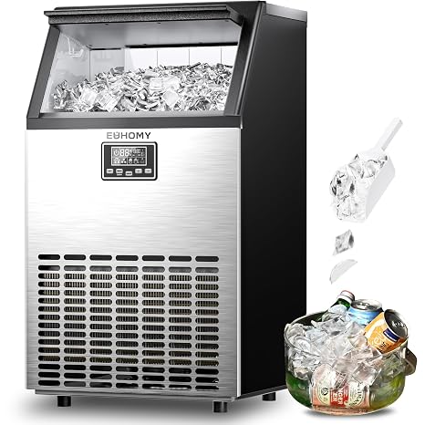 EUHOMY Commercial Ice Maker Machine, Freestanding, Moon-Shaped Ice, 100 lbs/24H, 33 lbs Storage Bin, Stainless Steel, for Home/Bar/Cafe/Restaurant