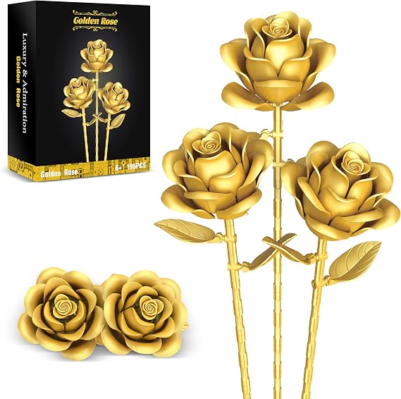 QIFUN Gold Roses Flower Building Set - 3 Roses Bouquet Botanical Building Blocks for Adult, Home Decor Romantic Anniversary Valentine's Day Gift for Her, Wife, Girlfriend, Mom