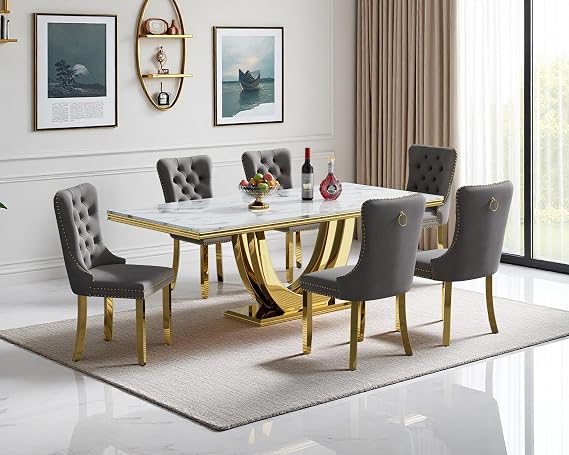 Luxury 7 Piece Faux Marble Dining Table Set for 6 for Dinner Gathering | 68" Rectangle Marble Kitchen Table,Stainless Steel Dual U-Base,6 Grey Tufted Chairs, White Gold Dining Room Table Set for 6