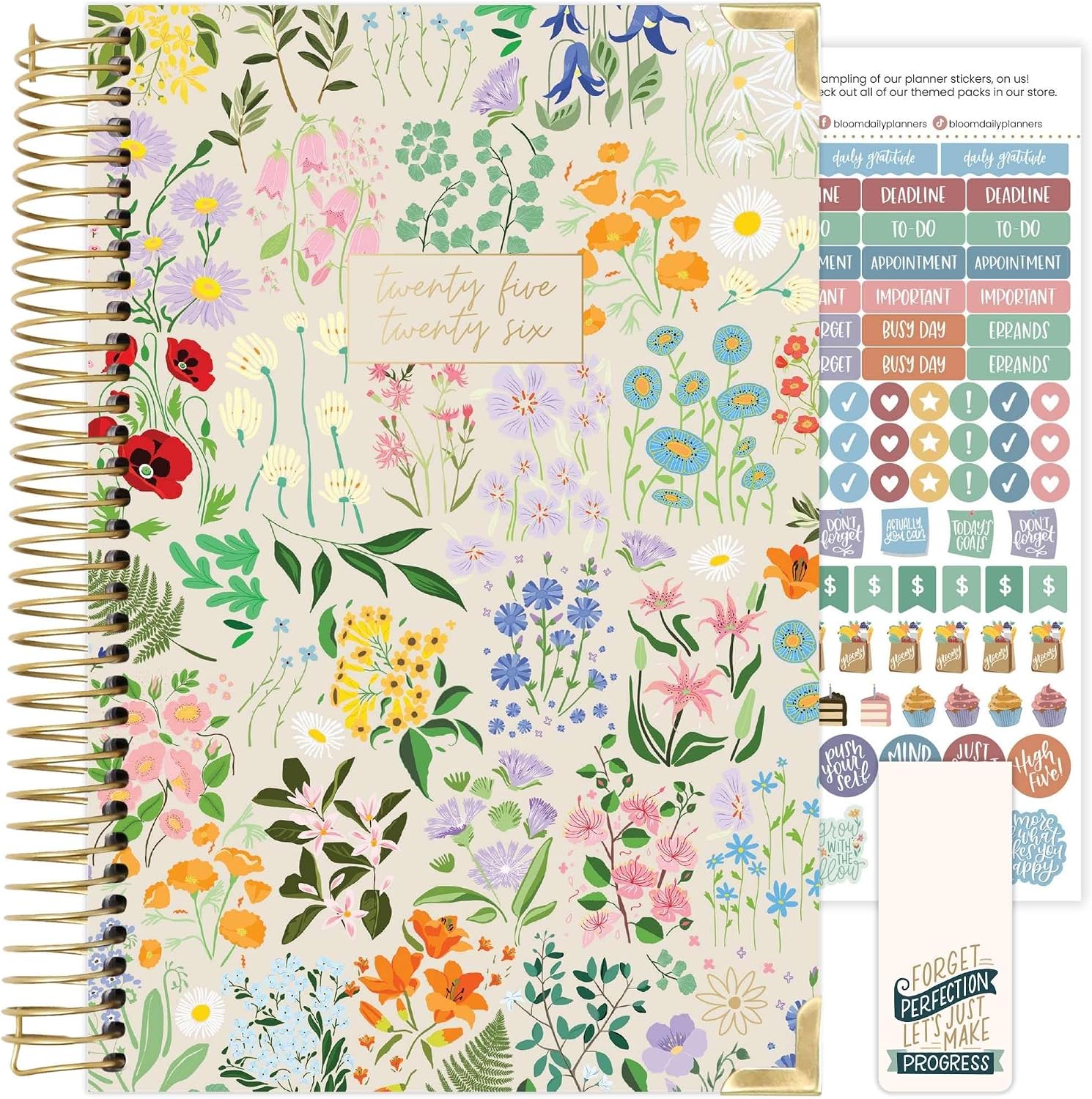 bloom daily planners HARDCOVER 2025-2026 Academic Year Day Planner July 2025 - July 2026 - A5 Task Goal Organizer - Monthly & Weekly Inspirational Agenda Book - 5.5 x 8.25 - Garden Party, Beige