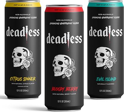 Deadless Sparkling Adaptogenic Elixir: The Ultimate Party Companion! Variety Pack 12-Pack 4 Cans Each of Bloody Berry, Citrus Sinner, and Evil Island Flavor