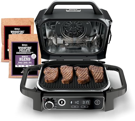 Ninja OG701 Woodfire Outdoor Grill, 7-in-1 Master Grill, BBQ Smoker, Outdoor Air Fryer plus Bake, Roast, Dehydrate, Broil, Woodfire Technology, uses Ninja Woodfire Pellets, Weather-resistant, Grey