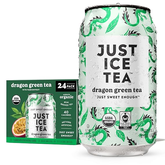 Just Ice Tea, Organic Dragon Green Iced Tea, 24-Pack (12oz Cans) | Brewed With Real Tea Leaves, Low Calorie, No Artificial Sweeteners, Fair Trade, USDA Certified Organic, Made in USA