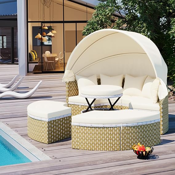 Versatile Patio Round Rattan Daybed Two-Tone Weave Sunbed,Outdoor Sectional Sofa Set with Retractable Canopy,Separate Seating and Removable Cushion,For Garden Backyard Poolside (Beige@Retractable)