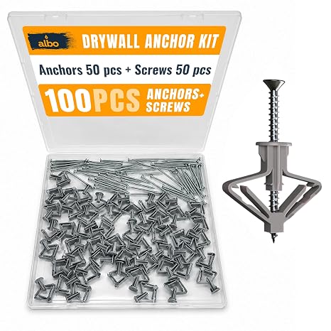 ALBO 100 Pcs. Plastic Butterfly Drywall Anchors and Screws Kit, Gray