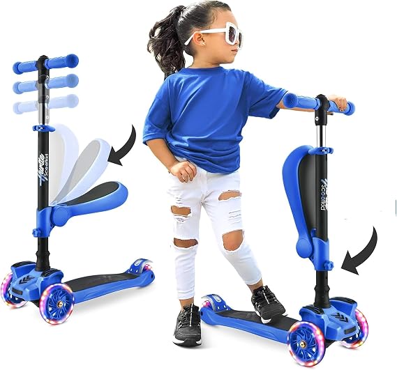 Hurtle Hartor 3-Wheel Kick Scooter Kids' Foldable Kickboard, Toy for Children/Toddlers with Adjustable Height, Non-Slip Deck, Built-in LED Flashing Wheel Light, For Boys/Girls Aged 1 to 14,