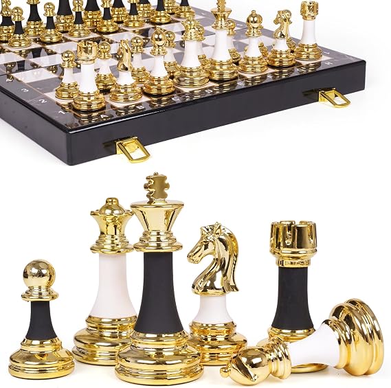 Large Chess Set with Weighted Zinc Alloy & Acrylic Pieces 15 Inch Luxury Folding Wooden Chess Board, 3.5" King, Heavy Chess Set, Classic Strategy Board Game for Adults & Kids