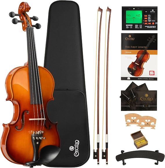 Cecilio 4/4 Violin Set Full Size Fiddle Solidwood Ebony Fitted LEFT-HANDED Violin with D'Addario Prelude Strings | Complete Set with Hard Case, Bows, Tuner, Rosin & Shoulder Rest