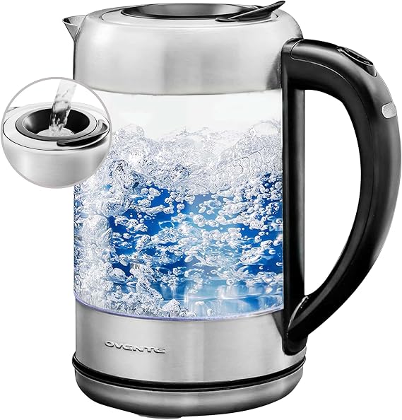 OVENTE 1.7L Glass Electric Kettle Water Boiler, Silver KG6120S