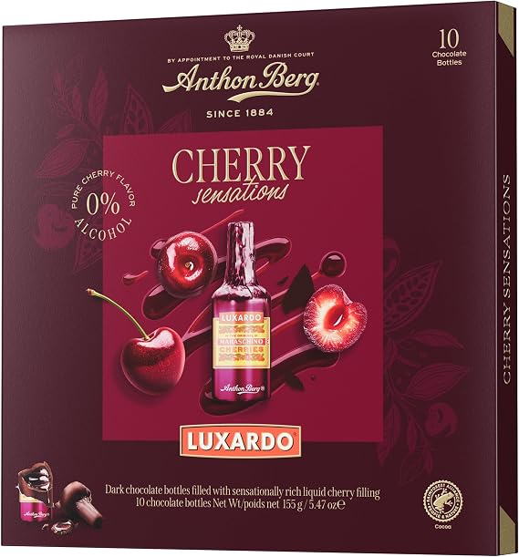 Anthon Berg Luxardo Cherry Sensations, 10 Dark Chocolate Bottles Filled With Rich Liquid Cherry Filling, 155 g (Pack of 1)