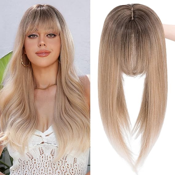 MY-LADY Hair Toppers for Women with Thinning Hair 14 Inch 6"x6" Lace Base Wiglets with Side Bangs Clip in Synthethic Hairpieces Mixed Blonde to White with Dark Root