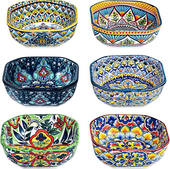 HENXFEN LEAD Boho Ceramic Dipping & Snack Bowls Set of 6, 8 oz Square Bowls | Small Bowls for Desserts, Side Dishes, Salsa, Fruit, Nuts & Appetizers, Assorted Patterns, Microwave & Dishwasher Safe