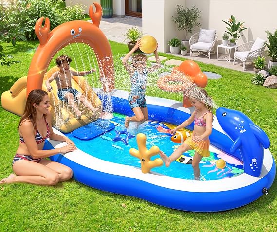 StarOcean Large Inflatable Play Center,Kiddie Pool with Water Slide&Sprk | 2026 Inflatable Toddler Pool with Slide,BlowUp Water Play for Toldder,Inflatable Water Park for Kid Backyard-121''x71"x51''