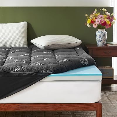 BEDLORE 4 Inch Memory Foam Mattress Topper Queen,2-in-1 Dual Layer Design 2 Gel Memory Foam  2 Plush Pillow Top Cover Mattress Topper Medium-Firm,Pressure Relief & Back Pain SupportDark Gray