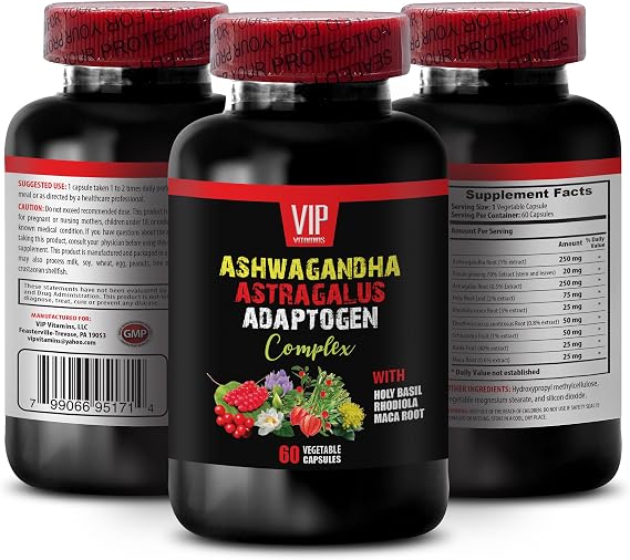 ADAPTOGEN Complex Capsules with ASHWAGANDHA, Astragalus, Holy Basil, Rhodiola, Maca Root, Panax Ginseng - Enhance Focus and Cognitive Function, Natural Energy Booster, Immune Support, 1 Bot, 60 Caps