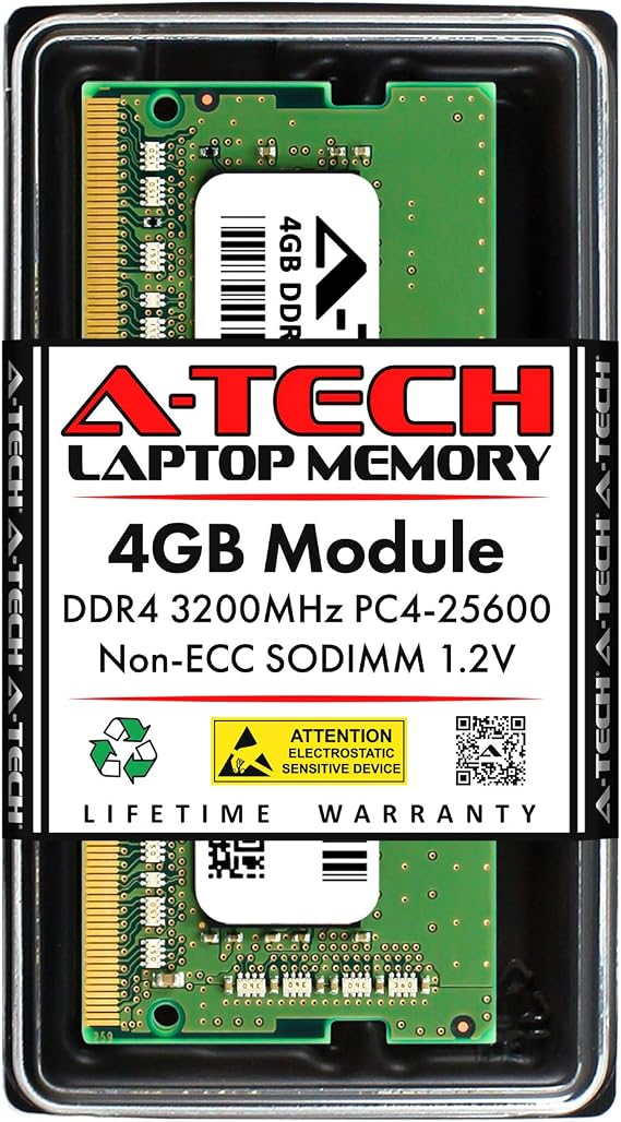 A-Tech 4GB DDR4 3200 MHz SODIMM PC4-25600 (PC4-3200AA) CL22 Non-ECC Laptop RAM Memory Module