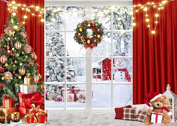 CHAIYA 8X6FT Christmas Backdrop Red Window Background Winter Snow Xmas Tree Gift Christmas Family Party Background New Year Party Backdrop