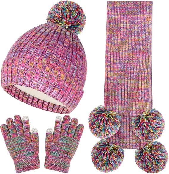 Kids Winter Beanie Hat Glove Scarf Set Toddlers Girls Winter Knit Hat with Pom Long Scarf Gloves for Kids Ages 5-12