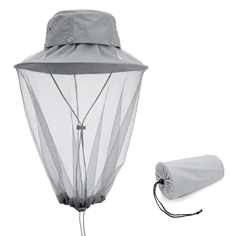 Mosquito Head Net Hat with Hidden Net Mesh for Outdoor Lover Hiking Fishing Beekeeping Gardening Men or Women (Grey)