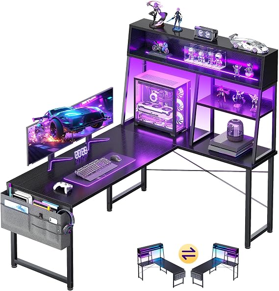 AODK 51 Inch L Shaped Gaming Desk with Display Shelves, LED Lights, Black