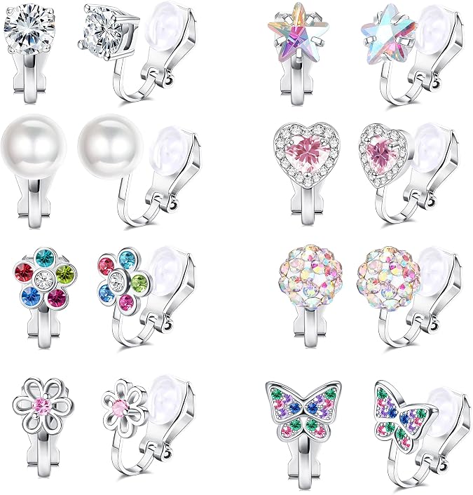Clip on Earrings for Women Girls Colorful Crystal Non-Piercied Earrings | Cute Flower Heart Butterfly Pearl Clip-on Earrings Over 3 Years Old