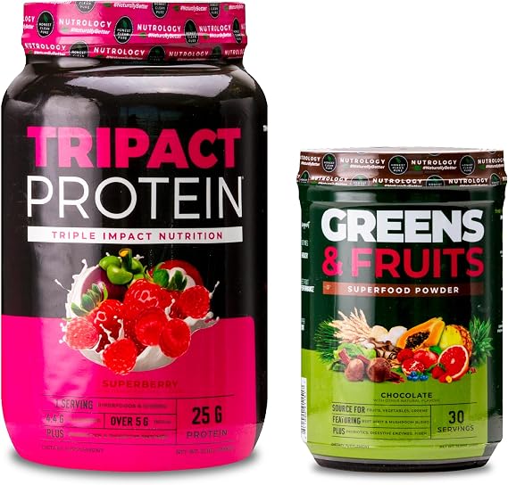 Nutrology TRIPACT Protein Powder, 7-in-1 Meal Replacement Shake, Superberry (40 Servings) Greens & Fruits Powder-Naturally Sourced Superfood, Chocolate (30 Servings)