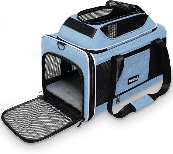 Cat Carrier Top-Expandable 18x11x11, United Delta American Airline Approved | Soft Samll Dog Pet Carry-On Bag Underseat in Cabin, Puppy Air Travel Crate 10 Pounds, Kitten TSA Plane Carrying Case Blue