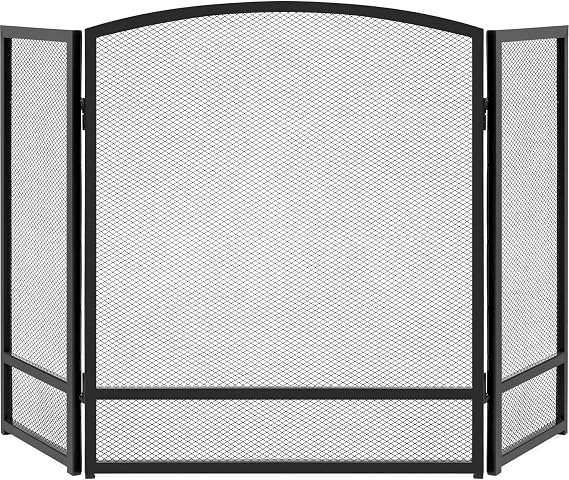 Best Choice Products 47.5x27.25in 3-Panel Simple Steel Mesh Fireplace Screen, Fire Spark Guard Grate for Living Room Home Decor w/Rustic Worn Finish - Black