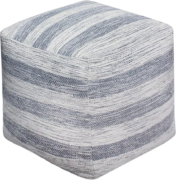 COTTON CRAFT Handwoven Stripe Dhurrie Pouf - Ottoman Foot Stool Bean Bag - Dorm Bedroom Home Decor Accent Seating - Boho Modern Comfortable Prefilled Cotton Pouf Footrest - 16 inch Square - Blue