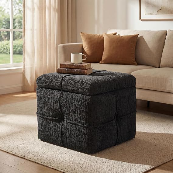 Square Storage Ottoman Cube, Upholstered Foot Rest Stool Small Footstool for Living Room, Bedroom, Grey