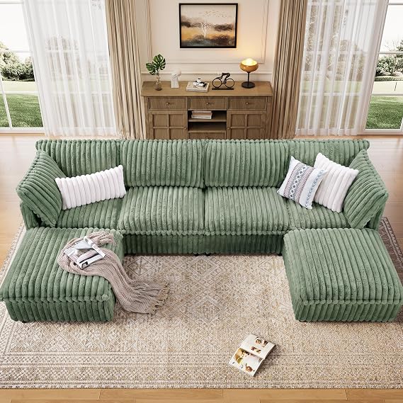 KKL Modular Sectional Couch for Living Room, U Shaped Corduroy Couches with 2 Ottomans, 6 Seater Oversized Sofa Convertible to Sleeper, Soft Fabric Modern Sofa, Green