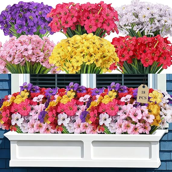 18 Bundles Artificial Flowers for garden,UV Resistant Fake Flowers,No Fade Silk Flowers with Decorative Faux Plastic Plants for Porch Window Box Hanging Baskets(Multicoloured)