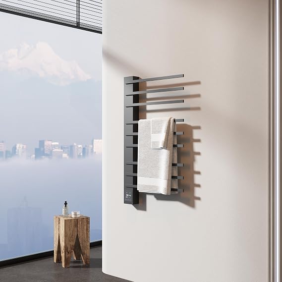 Electric Towel Warmer Rack, Wall Mount 9-Bar Horizontal Round, Matte Black Finish