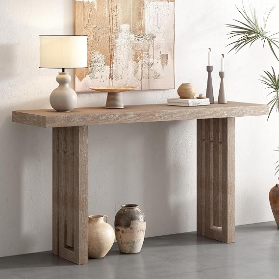 U_Style Uniquely Designed Oak Veneer Console Table with Distinctive Side Shapes, Suitable for Entryway, Hallway, Living Room, Foyer, Corridor