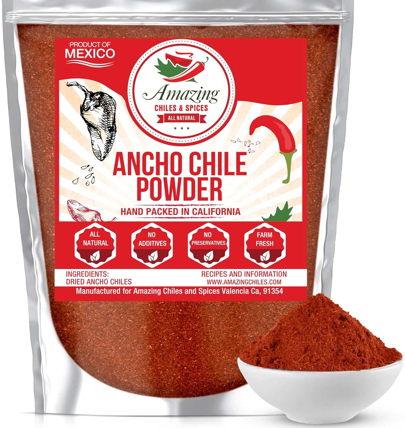 Ancho Chile Pepper Powder Ground (4oz) Natural and Premium. Great For Recipes Like Mexican Mole, Sauces, Stews, Salsa, Meats, Enchiladas. Mild to Medium Heat, Sweet & Smoky Flavor.