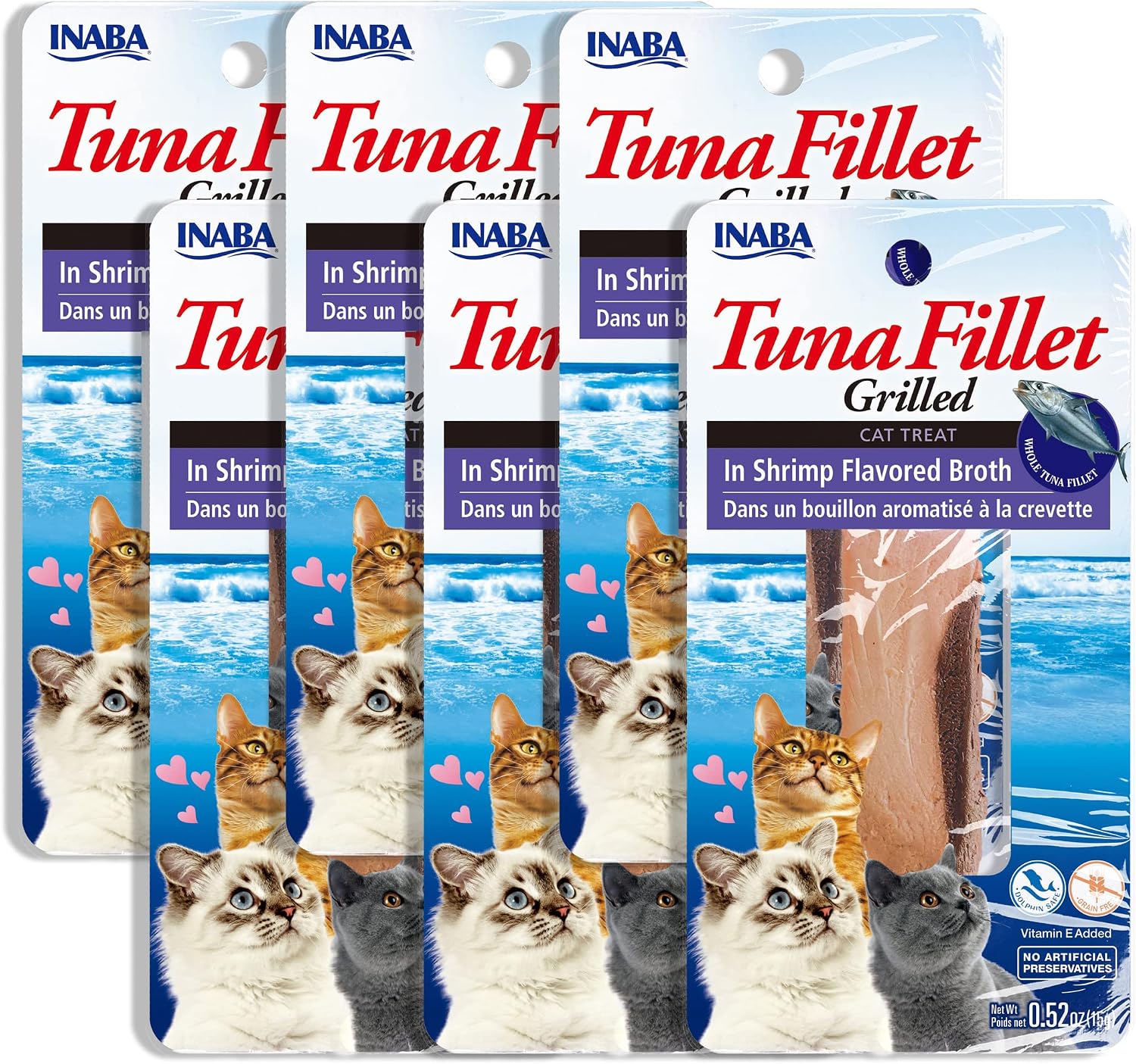 INABA Natural, Premium Hand-Cut Grilled Tuna Fillet Cat TreatsTopperComplement with Vitamin E and Green Tea Extract, 0.52 Ounces Each, Pack of 6, Tuna Broth