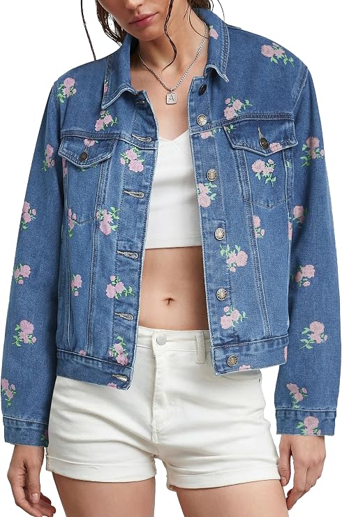 Kedera Denim Jackets for Women Trendy 2025 Long Sleeve Button Down Crop Floral Print Jean Jackets Fall Short Jean Coat