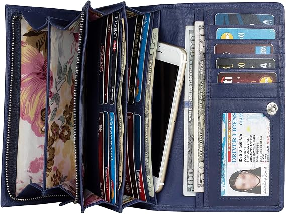 Women's Top Grain Leather Wallet, RFID Blocking Bifold clutch, 17 Card Slots, Zip Pocket Organizer, Elegant Gift for Women Birthday, Valentine, Anniversary - BLUE