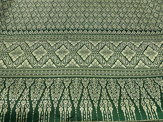 Amornphan 44 Inches Traditional Thai Silk Damask Fabric for Wedding Dress Skirt Green and Gold by The Yard