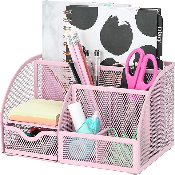 Exerz Desk Organizer 7 Compartments Metal Mesh Pen Holder Caddy Light Pink | Soft Color Desktop Storage for Notes Clips Scissors Rulers Craft Tools Makeup Study and Home Use