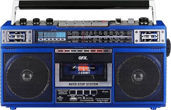 QFX Retro Bluetooth Boombox Cassette Tape Player Recorder, J-220BT, Blue