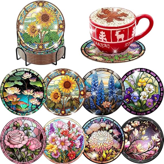 8 Pcs Flowers Diamond Art Coasters Kits with Holder - 5D Diy Diamond Painting Coasters Mosaic Kits for Adults - Round Full Drill Arts and Crafts for Adults and Beginner