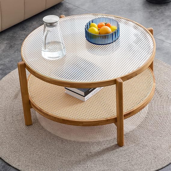 Double-Layer Glass Desktop Solid Wood Round Coffee Table with Rattan Woven Storage Shelf, Natural Circle Centre Table for Living Room