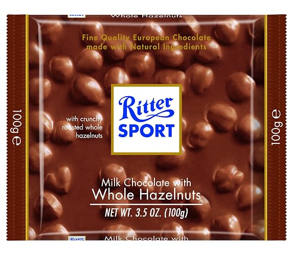 Ritter Sport, Milk Chocolate with Whole Hazelnuts (Pillow Pack), 3.5-Ounce Bars (Pack of 8)