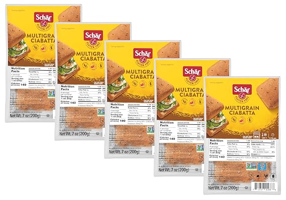 Schar Multigrain Ciabatta Bread, 7 oz, 5-Pack, Certifed Gluten Free, MONASH Certified, Low FODMAP Certified, Wheat Free, Dairy Free, Lactose Free, Non GMO